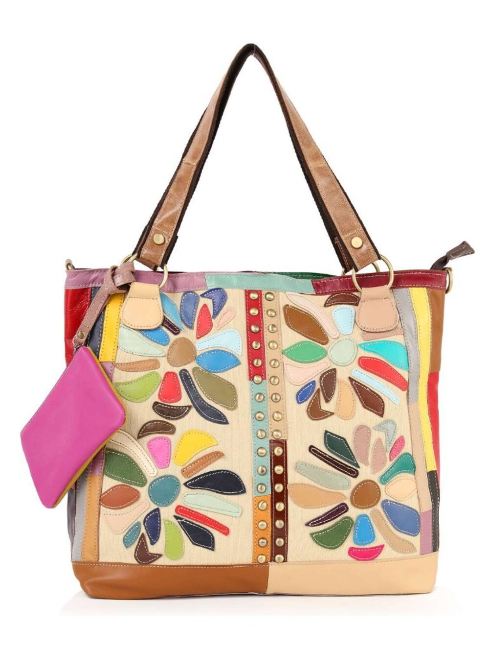 NWT Genuine Leather Colorful Floral Patchwork Oversized Tote Set  Description